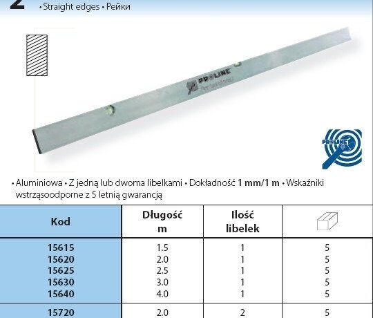 Proline Łata MURARSKA PROSTOKĄTNA DŁUGOŚĆ 1 .5 m 15615